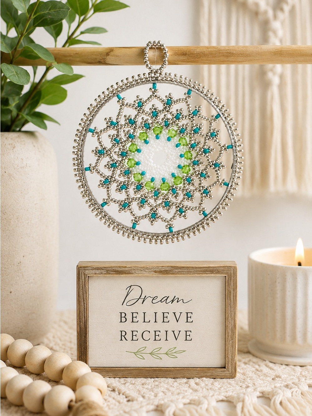 Hand Crafted Beaded Mandala Hanging Ornament in Turquoise & Lime